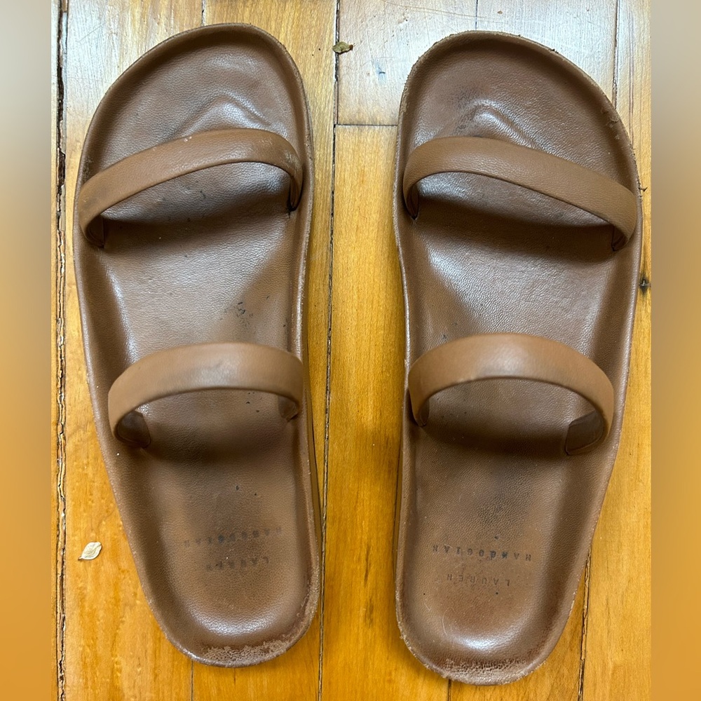Lauren Manoogian Brown Double-Strap Leather Slide Sandals